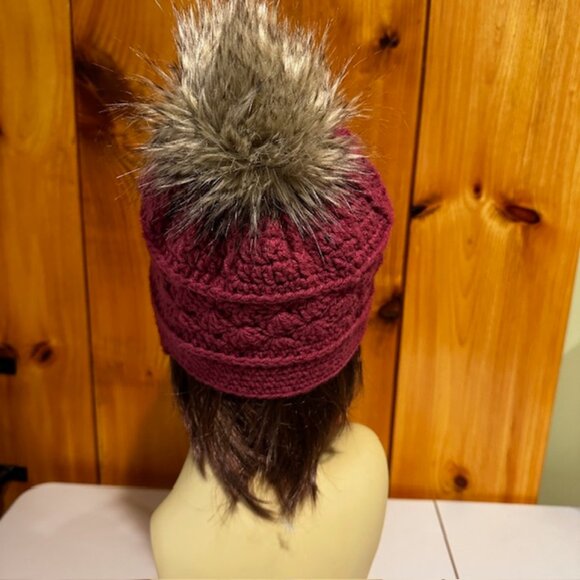 Wine Burgundy Hand Knit / Crochet Beanie with earflaps and Fur Pom Pom NEW - Picture 3 of 6